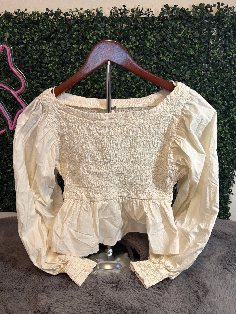 Free People Cream Smocked Peplum Puff Sleeve Top Size XS